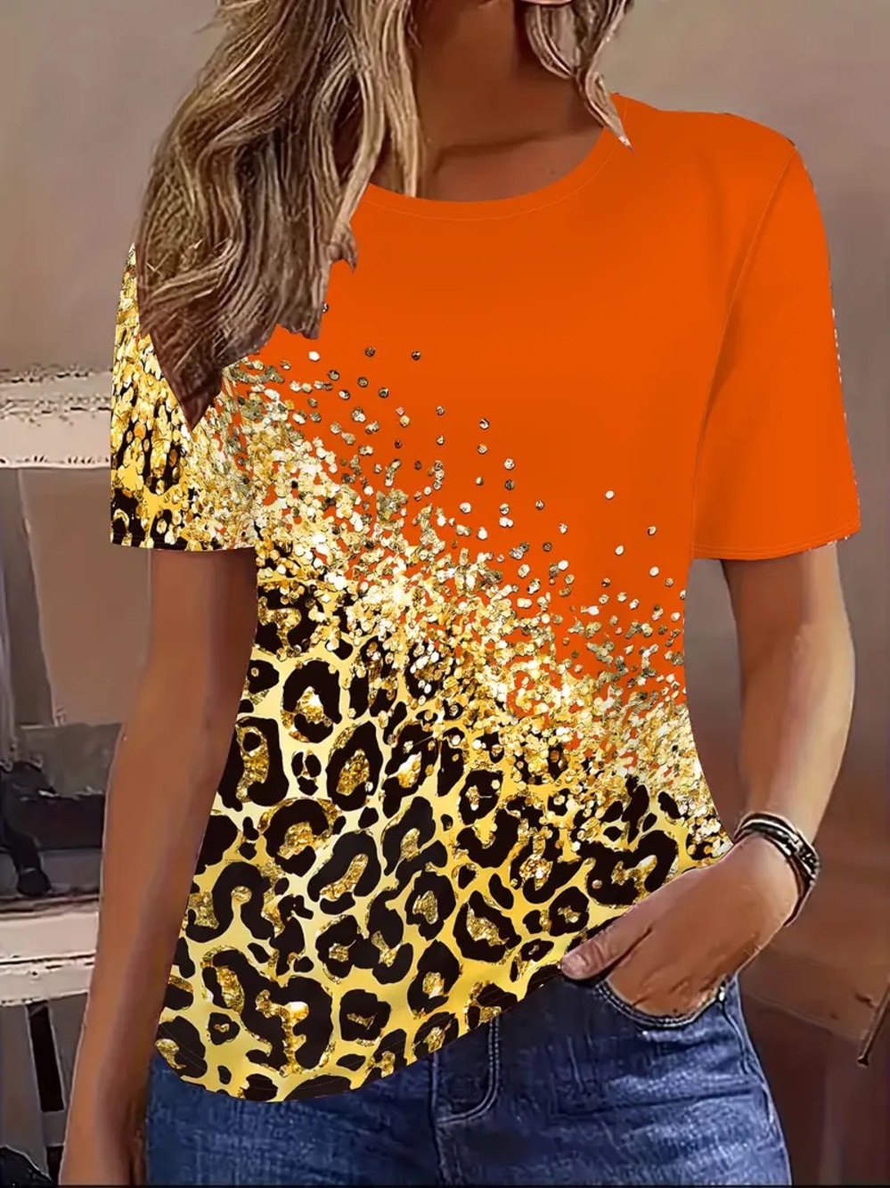 SHEIN Curve Orange Leopard Print Graphic Tee 1XL